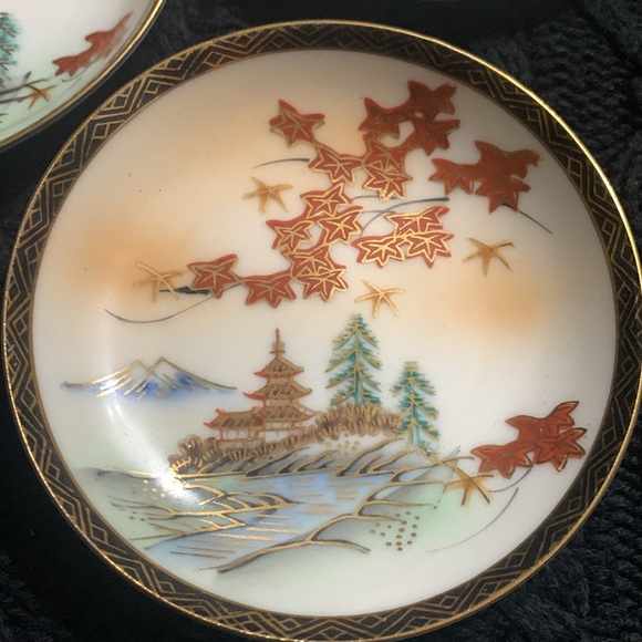 Vintage Japanese Geisha bowl set wicker handle w/ 6 sauce bowls - Picture 4 of 9